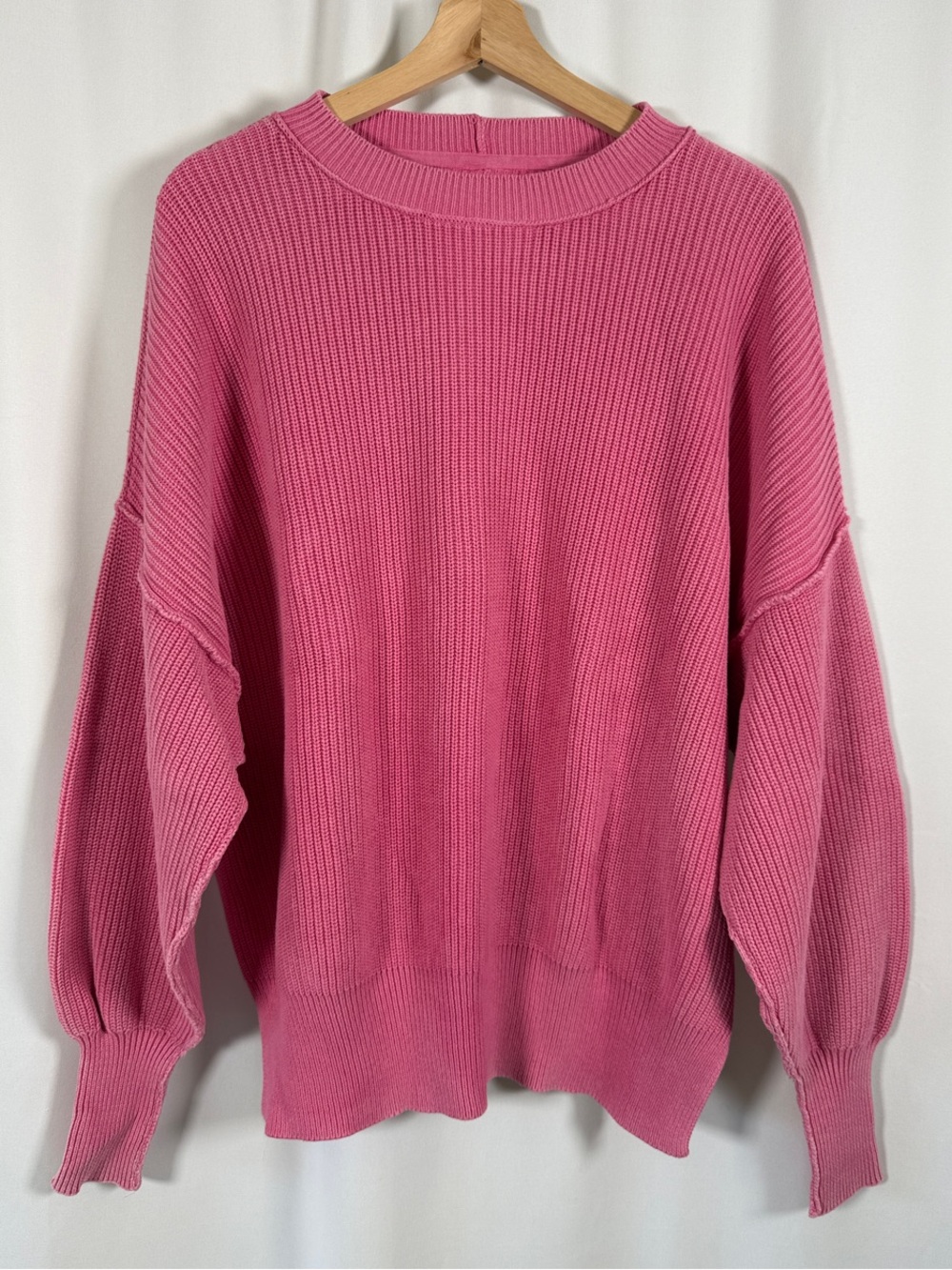 aerie Pink Ribbed Crewneck Sweater with Balloon Sleeves